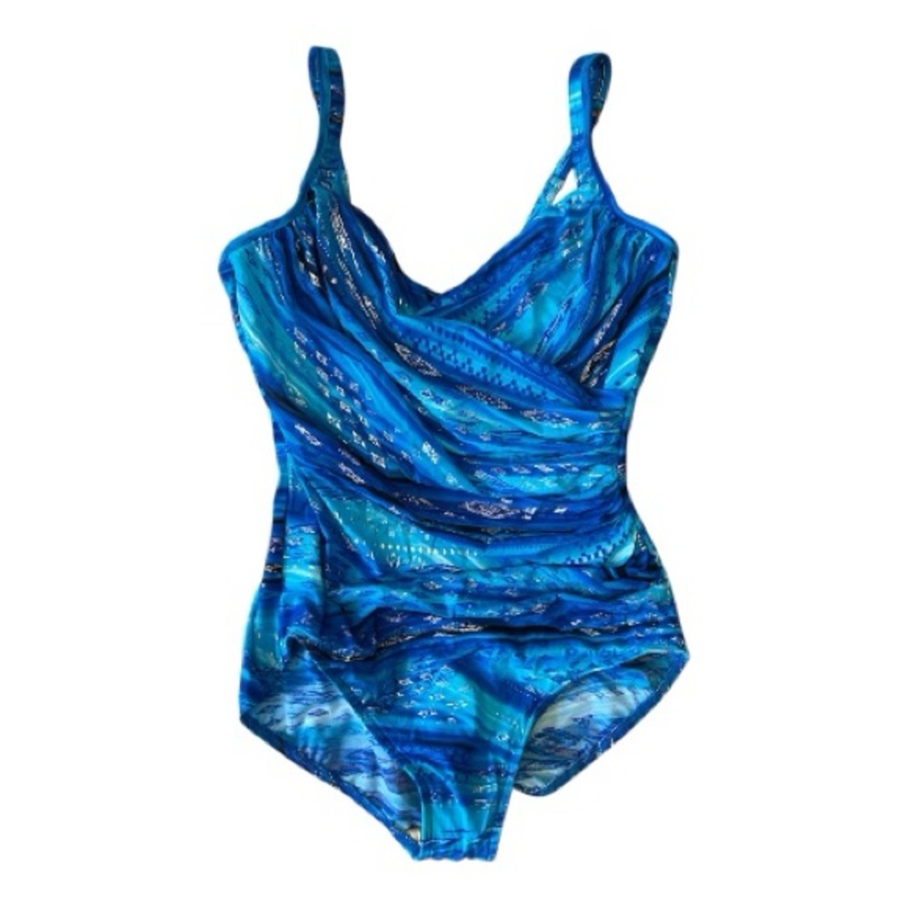 MIRACLESUIT Seraphina Size 16 One-Piece Swimsuit Blue Multi Print Underwire NWT